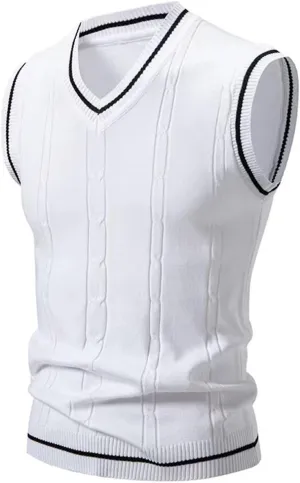 Cambkatl Men's Preppy Striped Sweater Vest Teens Classic V Neck Slim Fit Cable Knitted Sleeveless Pullover Sweaters