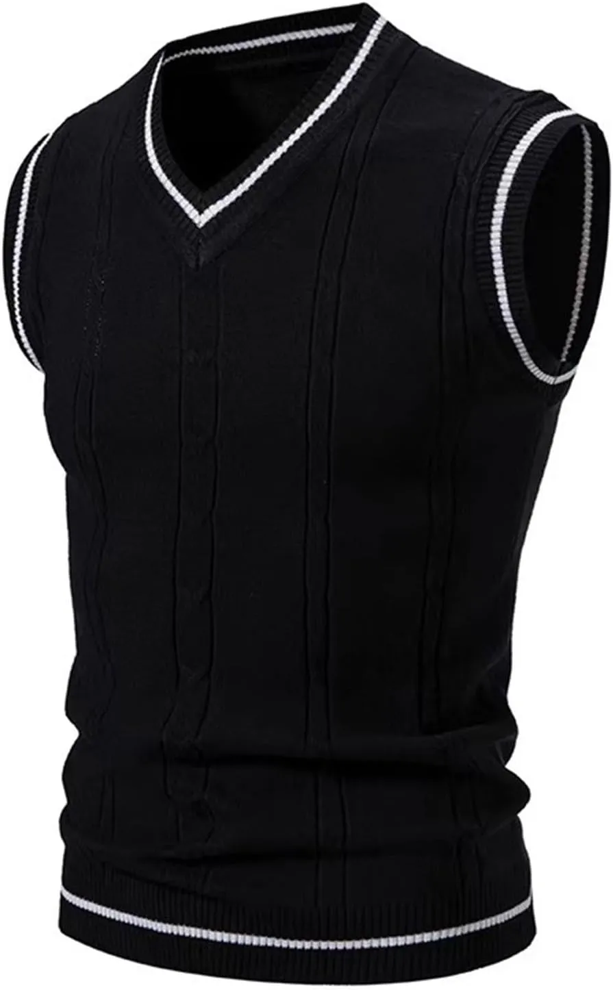 Cambkatl Men's Preppy Striped Sweater Vest Teens Classic V Neck Slim Fit Cable Knitted Sleeveless Pullover Sweaters