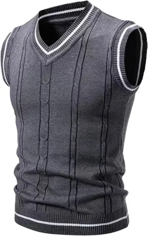 Cambkatl Men's Preppy Striped Sweater Vest Teens Classic V Neck Slim Fit Cable Knitted Sleeveless Pullover Sweaters
