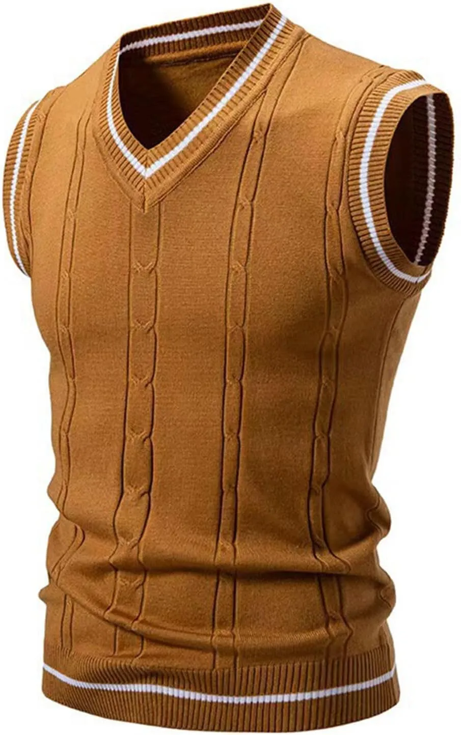 Cambkatl Men's Preppy Striped Sweater Vest Teens Classic V Neck Slim Fit Cable Knitted Sleeveless Pullover Sweaters
