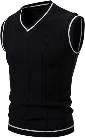 Cambkatl Men's Preppy Striped Sweater Vest Teens Classic V Neck Slim Fit Cable Knitted Sleeveless Pullover Sweaters