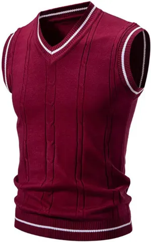 Cambkatl Men's Preppy Striped Sweater Vest Teens Classic V Neck Slim Fit Cable Knitted Sleeveless Pullover Sweaters