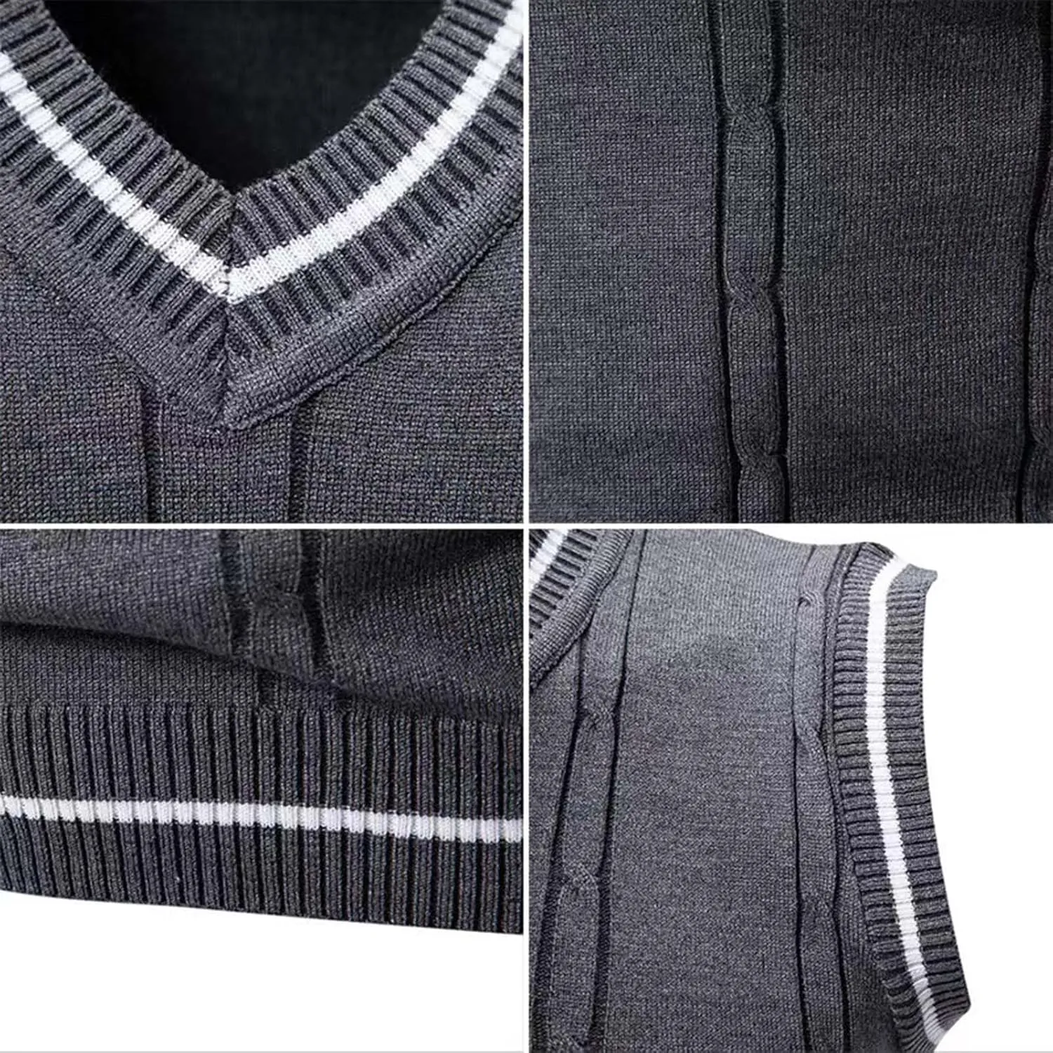 Cambkatl Men's Preppy Striped Sweater Vest Teens Classic V Neck Slim Fit Cable Knitted Sleeveless Pullover Sweaters