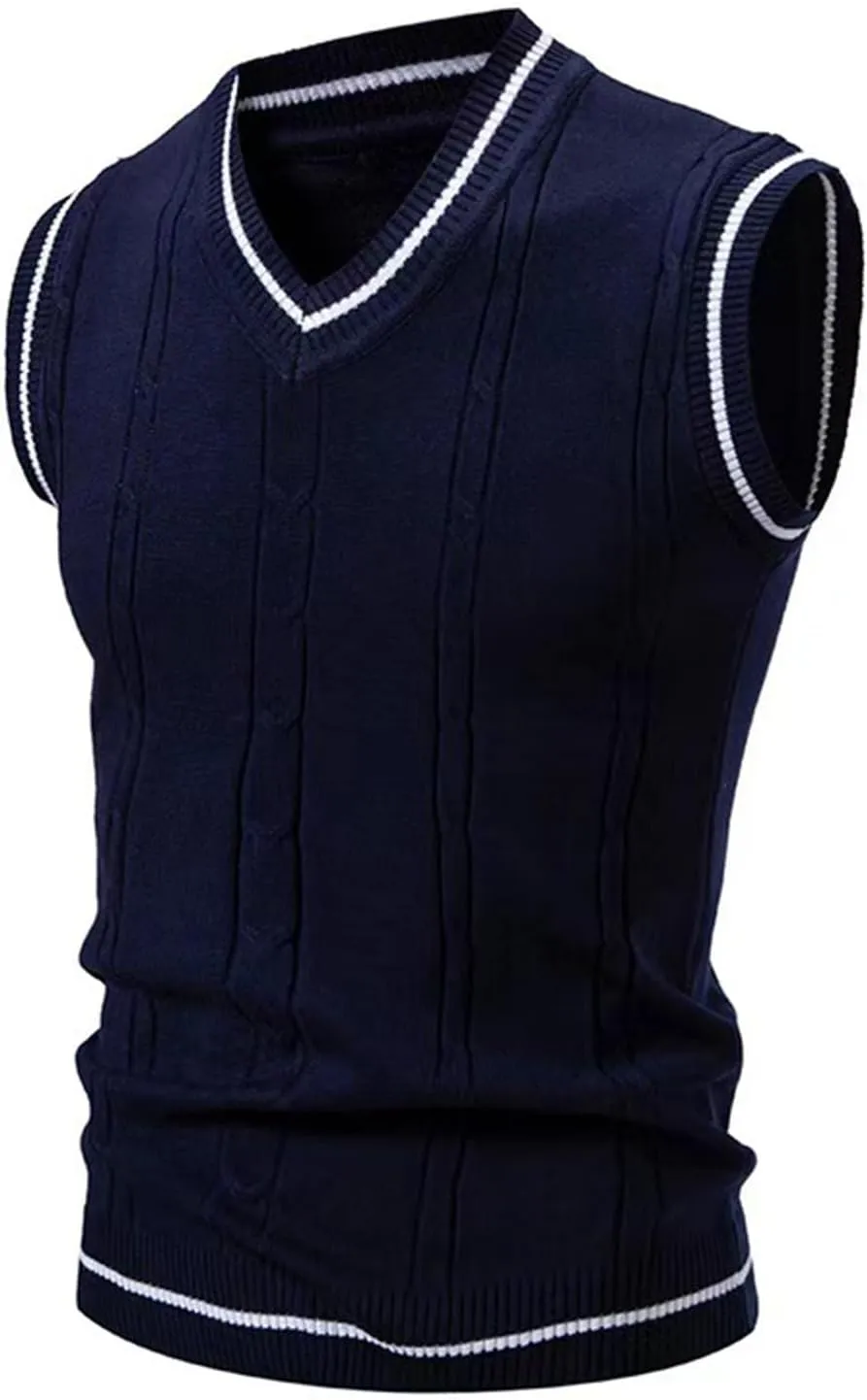 Cambkatl Men's Preppy Striped Sweater Vest Teens Classic V Neck Slim Fit Cable Knitted Sleeveless Pullover Sweaters