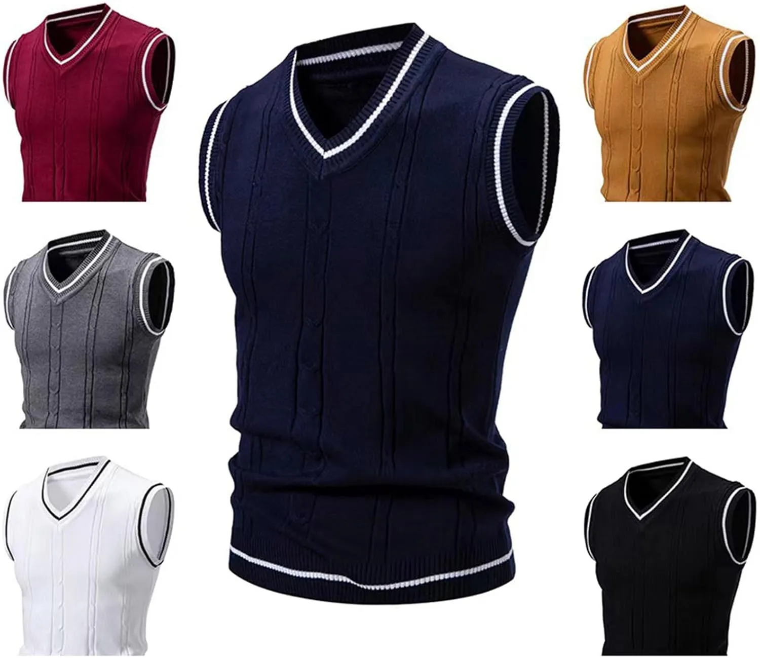 Cambkatl Men's Preppy Striped Sweater Vest Teens Classic V Neck Slim Fit Cable Knitted Sleeveless Pullover Sweaters