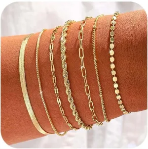 CAROVO Gold Bracelets for Women Waterproof Dainty 14K Gold Plated Stackable Cuban Beaded Link Snake Lip Paperclip Chain Bracelets Fashion Jewelry Gift for Women