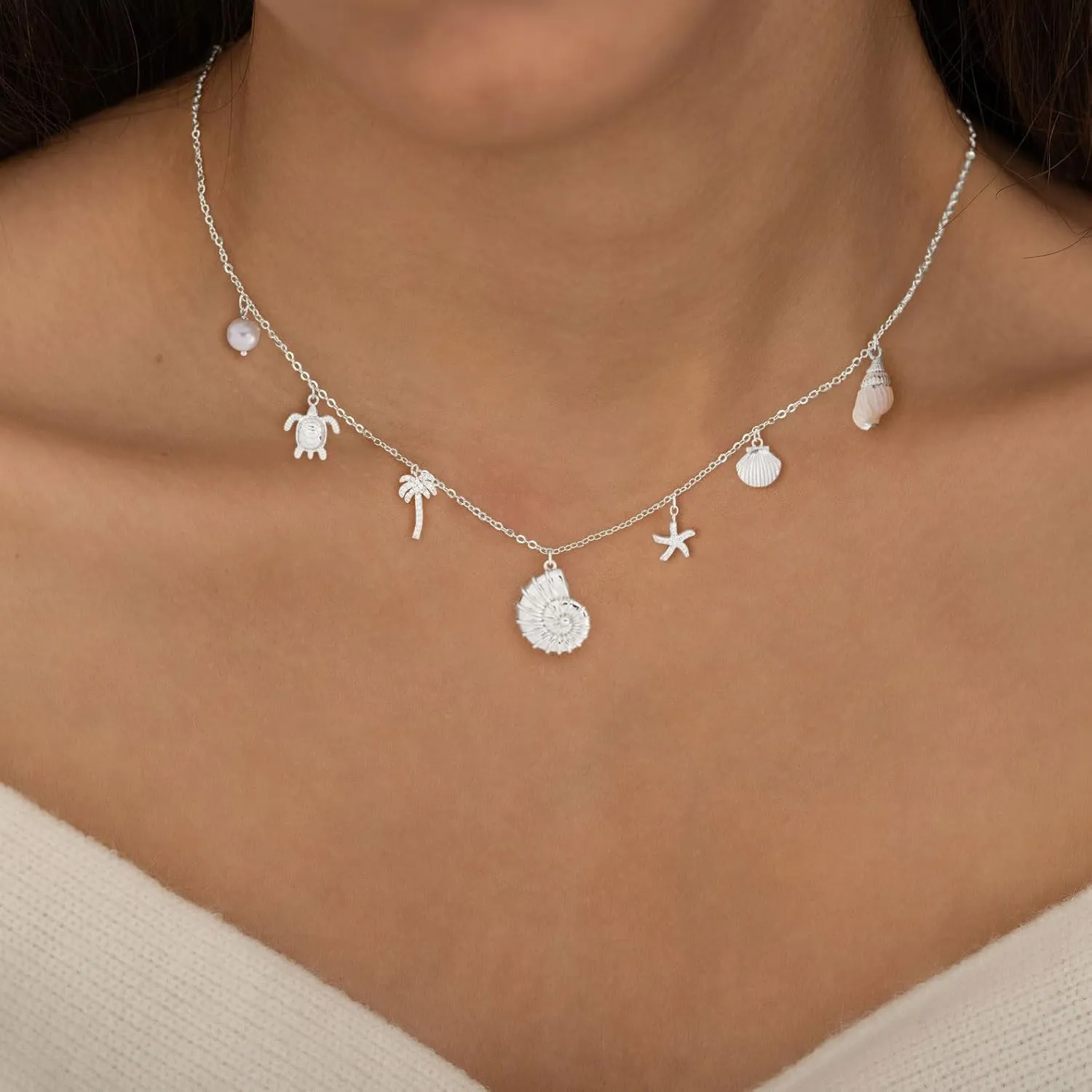 Charm Necklace-14K Gold/Silver Plated Charm Necklace Shell Conch Shell Turtle Starfish Coconut Tree Pearl Necklace Summe Beach Necklaces for Women Dainty Simple Jewelry for Women