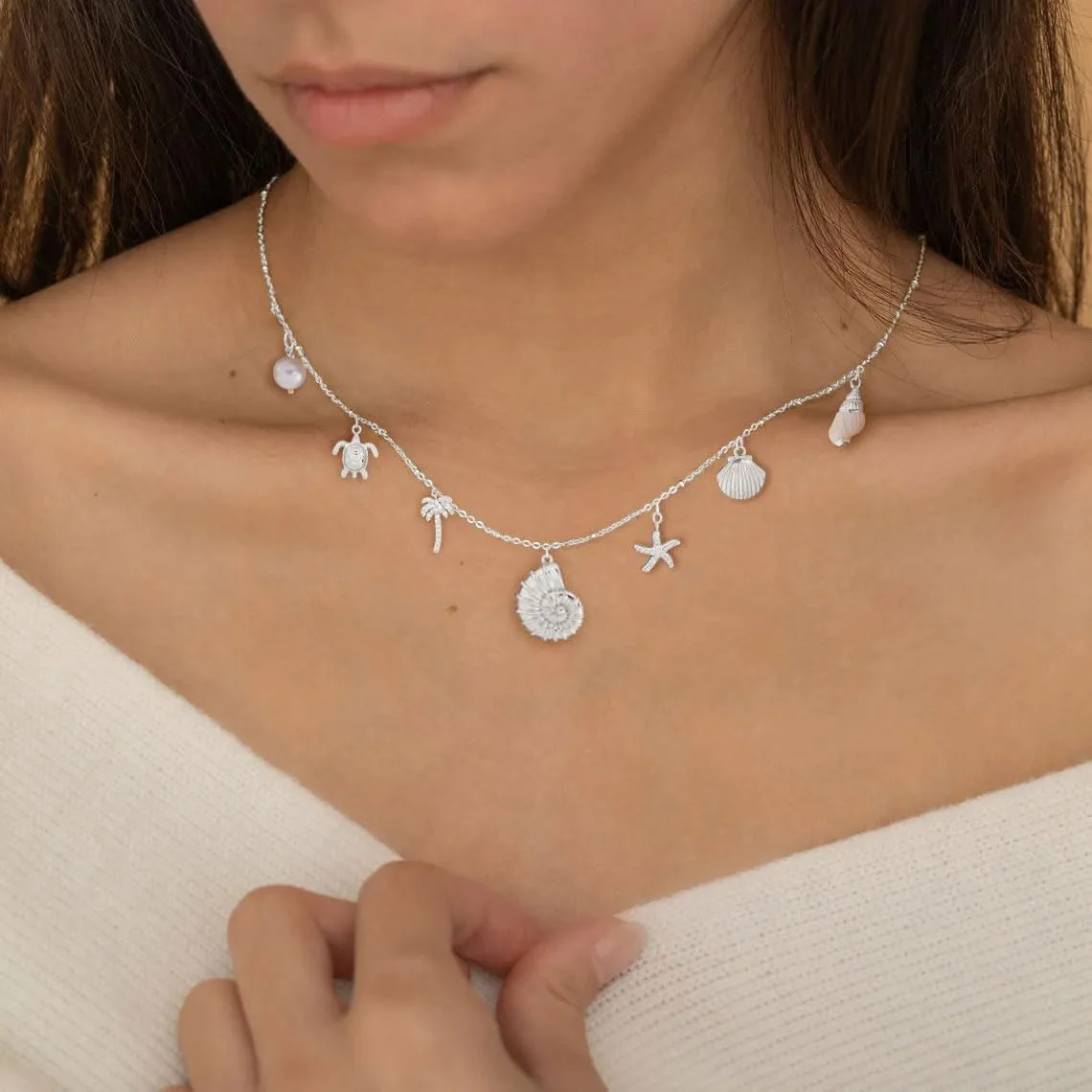 Charm Necklace-14K Gold/Silver Plated Charm Necklace Shell Conch Shell Turtle Starfish Coconut Tree Pearl Necklace Summe Beach Necklaces for Women Dainty Simple Jewelry for Women