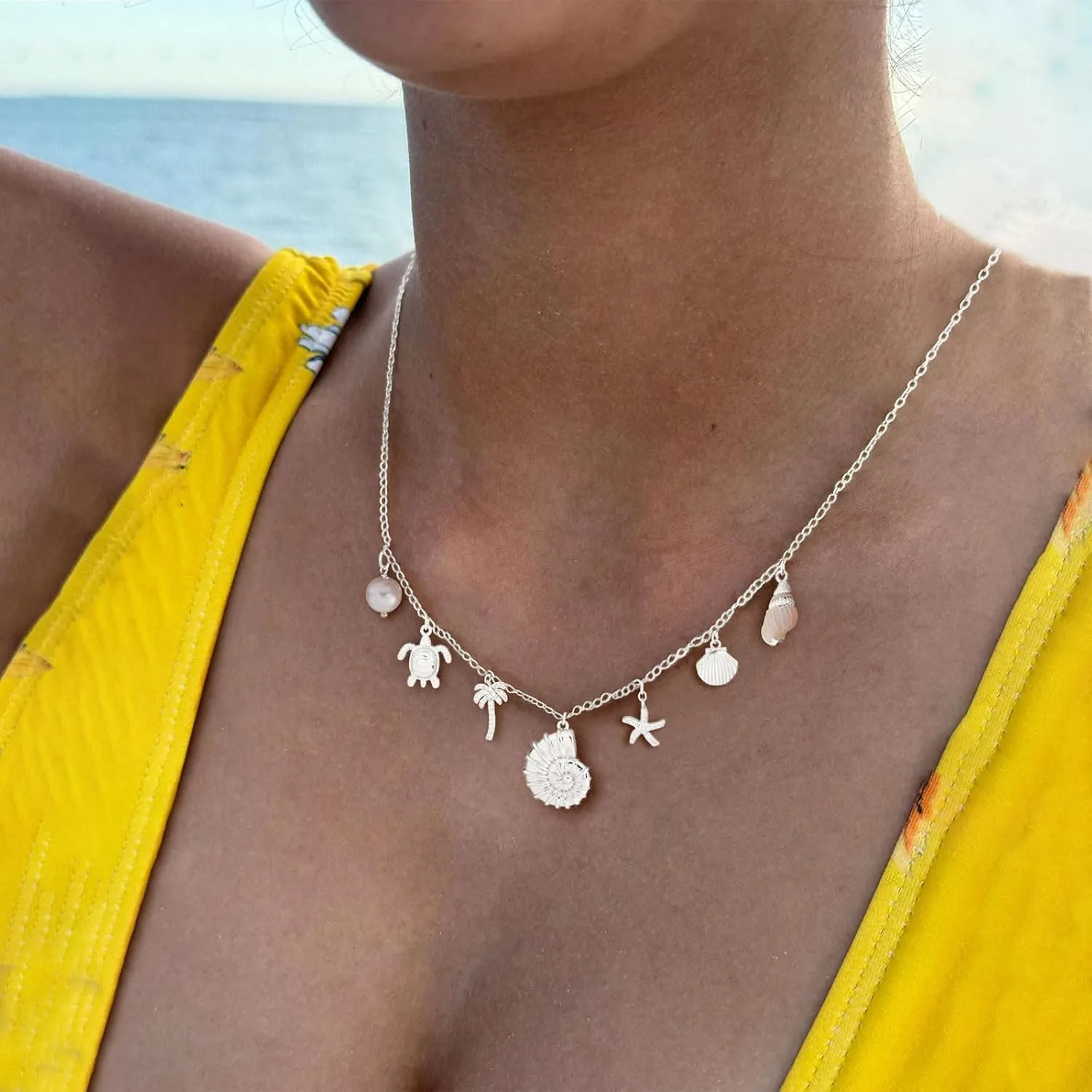 Charm Necklace-14K Gold/Silver Plated Charm Necklace Shell Conch Shell Turtle Starfish Coconut Tree Pearl Necklace Summe Beach Necklaces for Women Dainty Simple Jewelry for Women