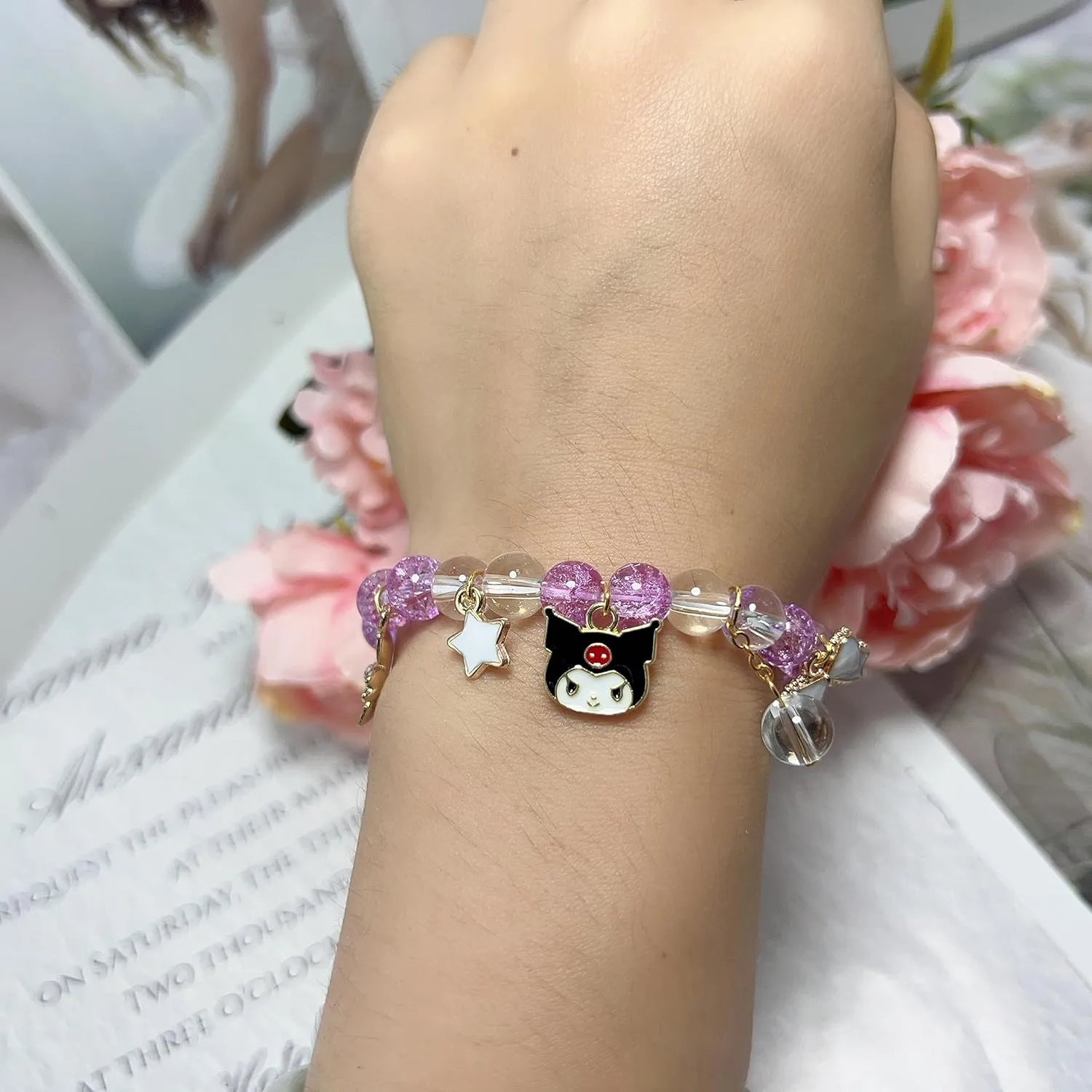 CJIAYUJEW Cute Bracelet Crystal Pearl Bracelets, Anime Elastic Stretch Crystal Bead Bracelet Lovely Cartoon Elastic Beaded Bracelets for Women