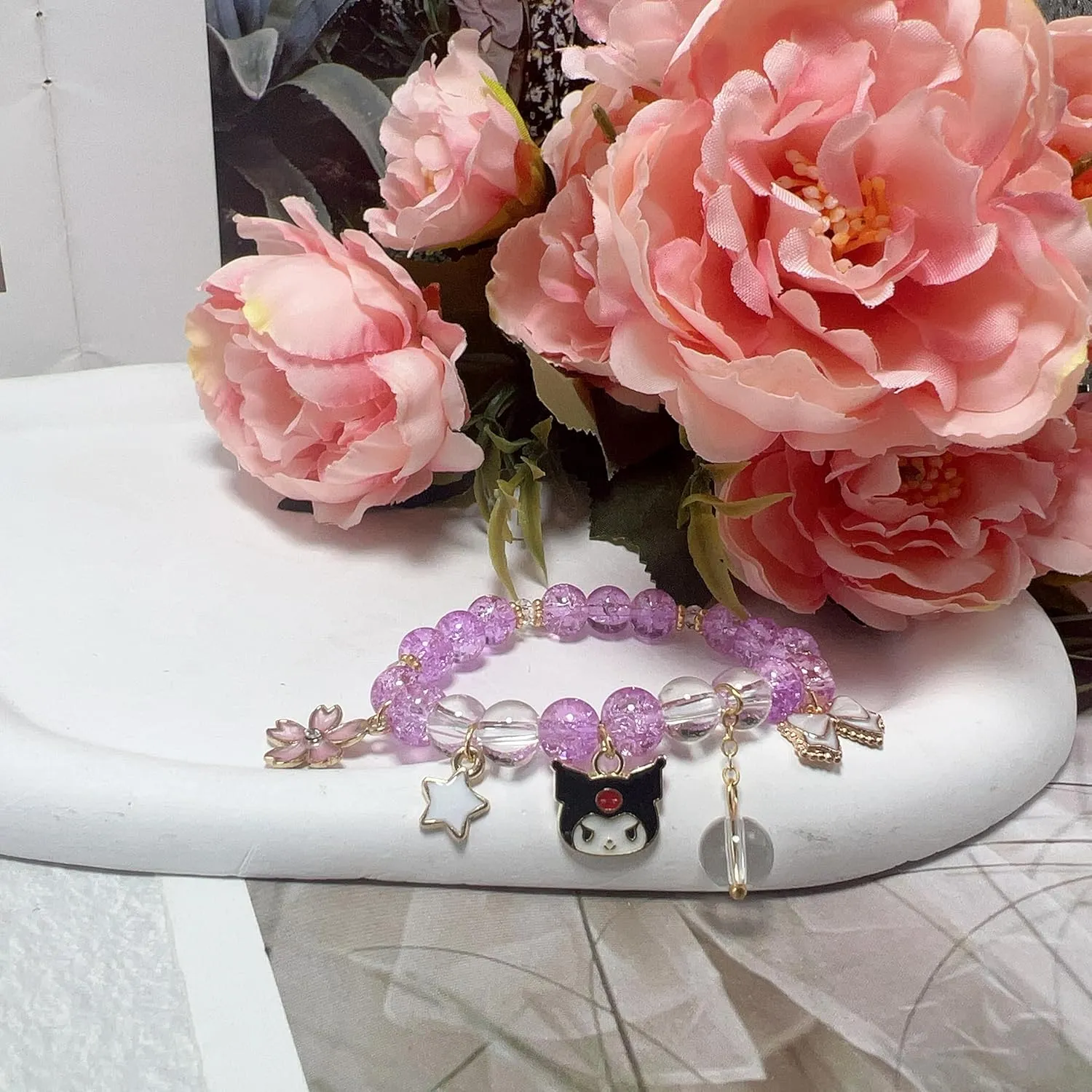 CJIAYUJEW Cute Bracelet Crystal Pearl Bracelets, Anime Elastic Stretch Crystal Bead Bracelet Lovely Cartoon Elastic Beaded Bracelets for Women