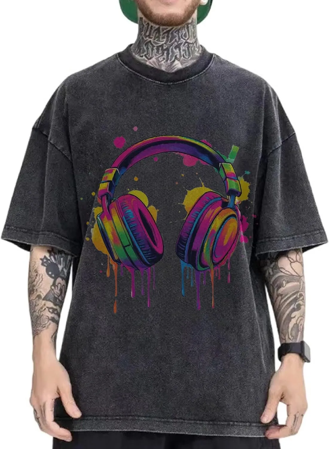 Colorful Graffiti Headphones Graphic T-Shirt for Men - Fashionable Oversized Fit with Paint Splatter Design