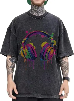 Colorful Graffiti Headphones Graphic T-Shirt for Men - Fashionable Oversized Fit with Paint Splatter Design