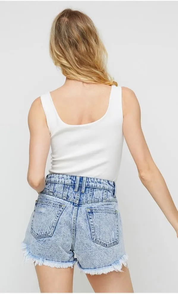 COMLIFE Women's Summer Holes Shorts Irregular Denim Shorts Tassels Denim Pants Mid Waisted Shorts
