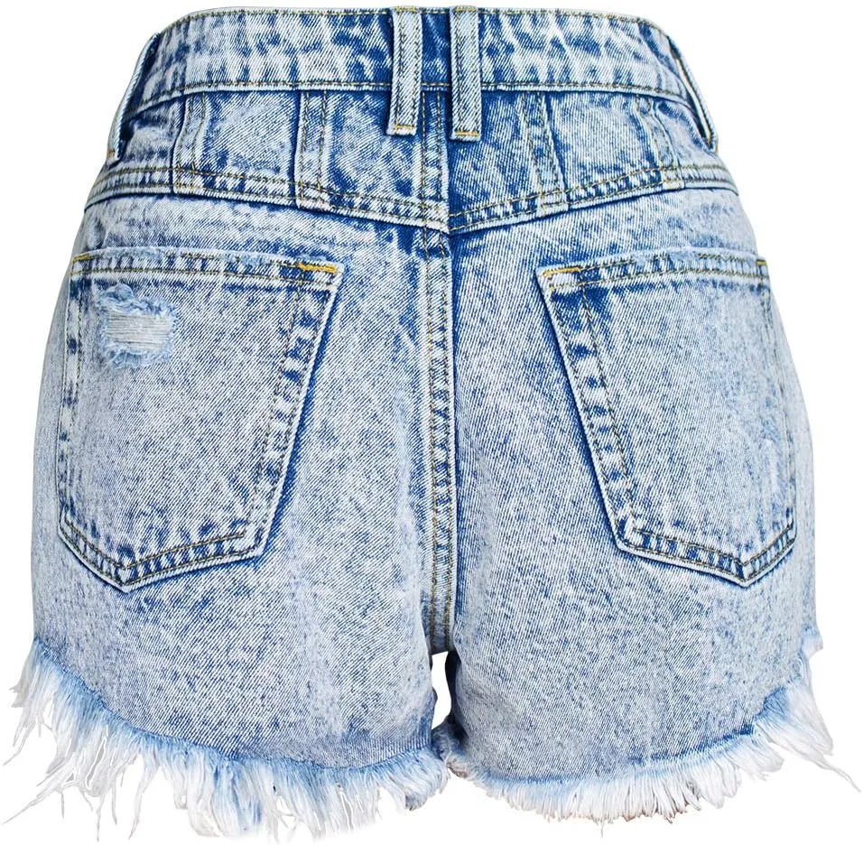 COMLIFE Women's Summer Holes Shorts Irregular Denim Shorts Tassels Denim Pants Mid Waisted Shorts