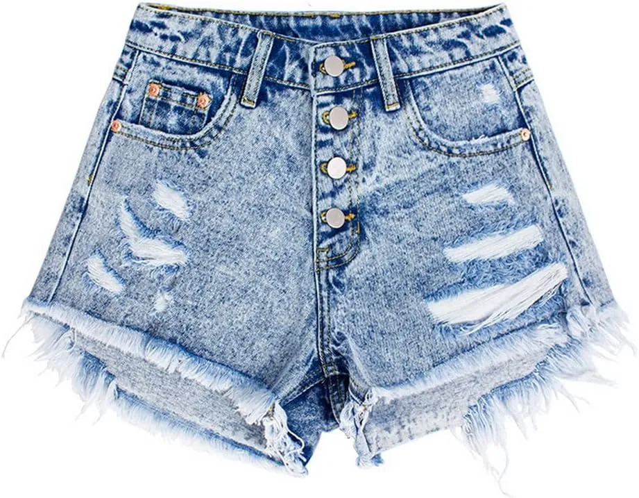 COMLIFE Women's Summer Holes Shorts Irregular Denim Shorts Tassels Denim Pants Mid Waisted Shorts
