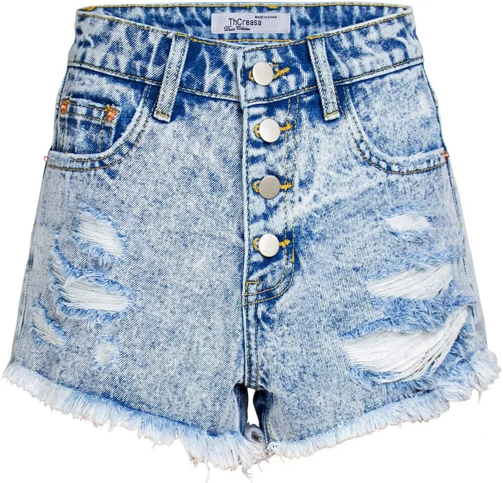 COMLIFE Women's Summer Holes Shorts Irregular Denim Shorts Tassels Denim Pants Mid Waisted Shorts
