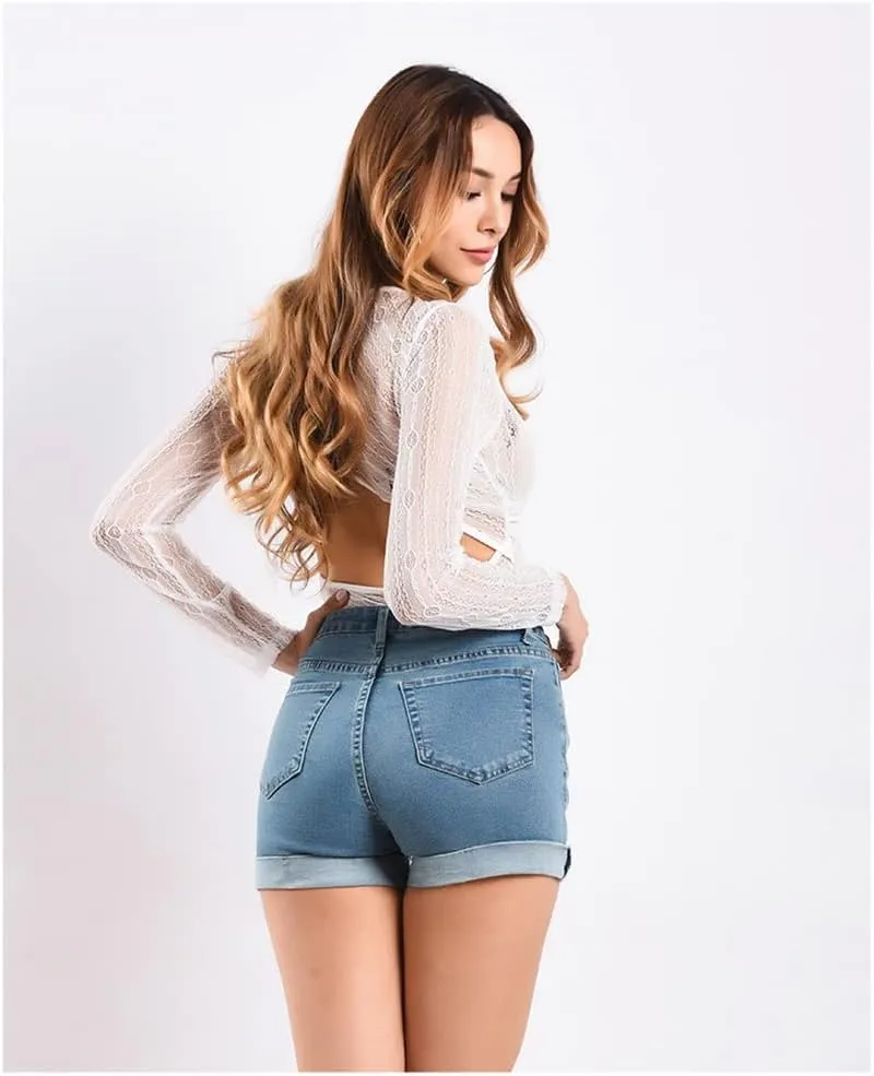 COMLIFE Women's Summer Holes Shorts Irregular Denim Shorts Tassels Denim Pants Mid Waisted Shorts