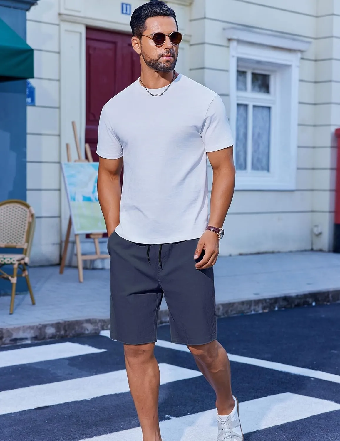 COOFANDY Mens Casual Shorts Cotton Drawstring Summer Shorts Elastic Waist Lightweight Twill Chino Shorts