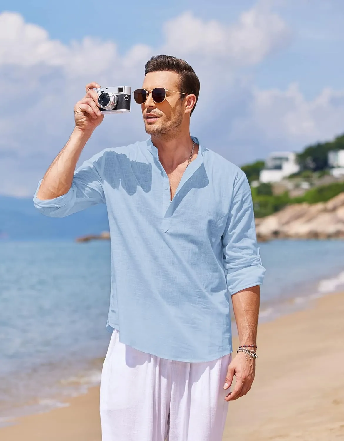 COOFANDY Men's Cotton Linen Henley T-Shirts Long Sleeve Hippie Casual Beach T-Shirts