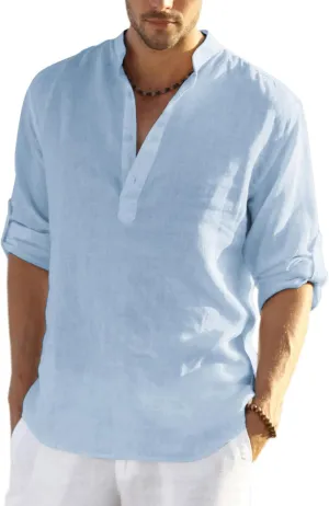 COOFANDY Men's Cotton Linen Henley T-Shirts Long Sleeve Hippie Casual Beach T-Shirts