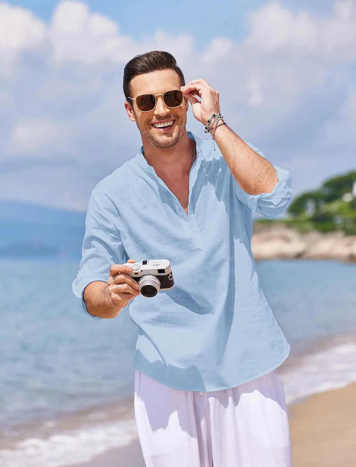 COOFANDY Men's Cotton Linen Henley T-Shirts Long Sleeve Hippie Casual Beach T-Shirts