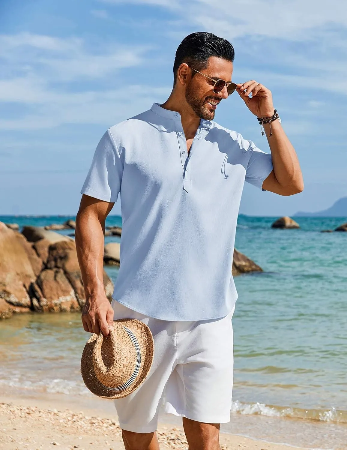COOFANDY Men's Henley Shirt Short Sleeve Casual T-Shirt Summer Beach Hippie Henley Tee Shirt