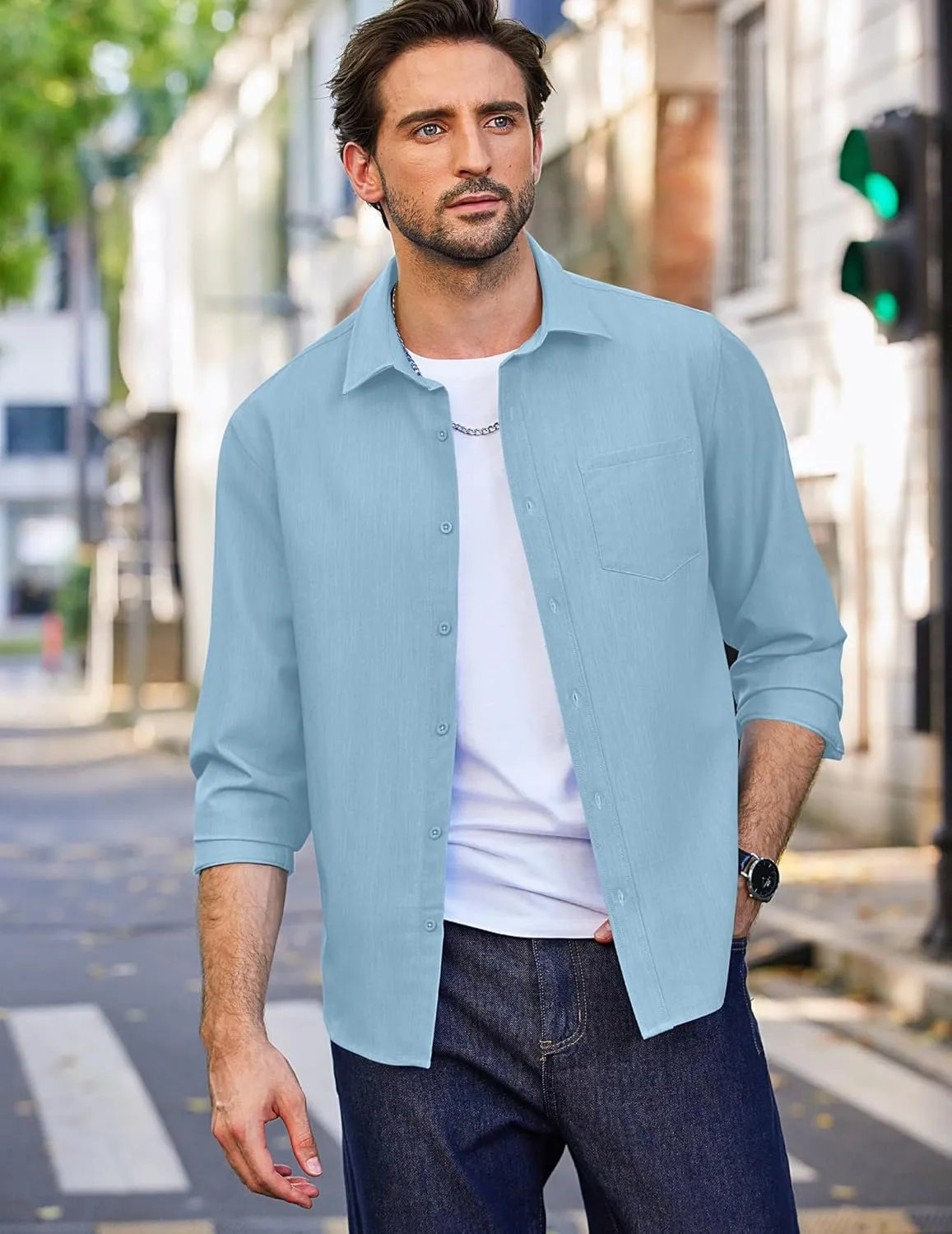 COOFANDY Men's Long Sleeve Button Down Shirt Wrinkle Free Untucked Dress Shirt Casual Denim Shirt