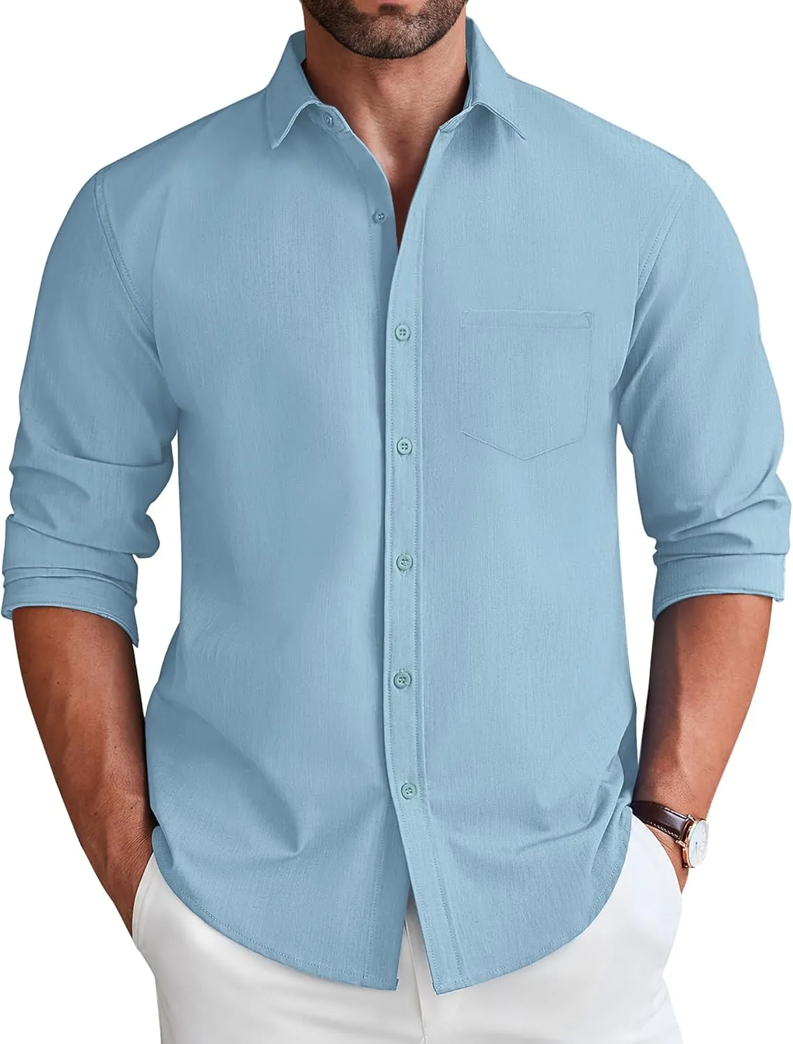 COOFANDY Men's Long Sleeve Button Down Shirt Wrinkle Free Untucked Dress Shirt Casual Denim Shirt