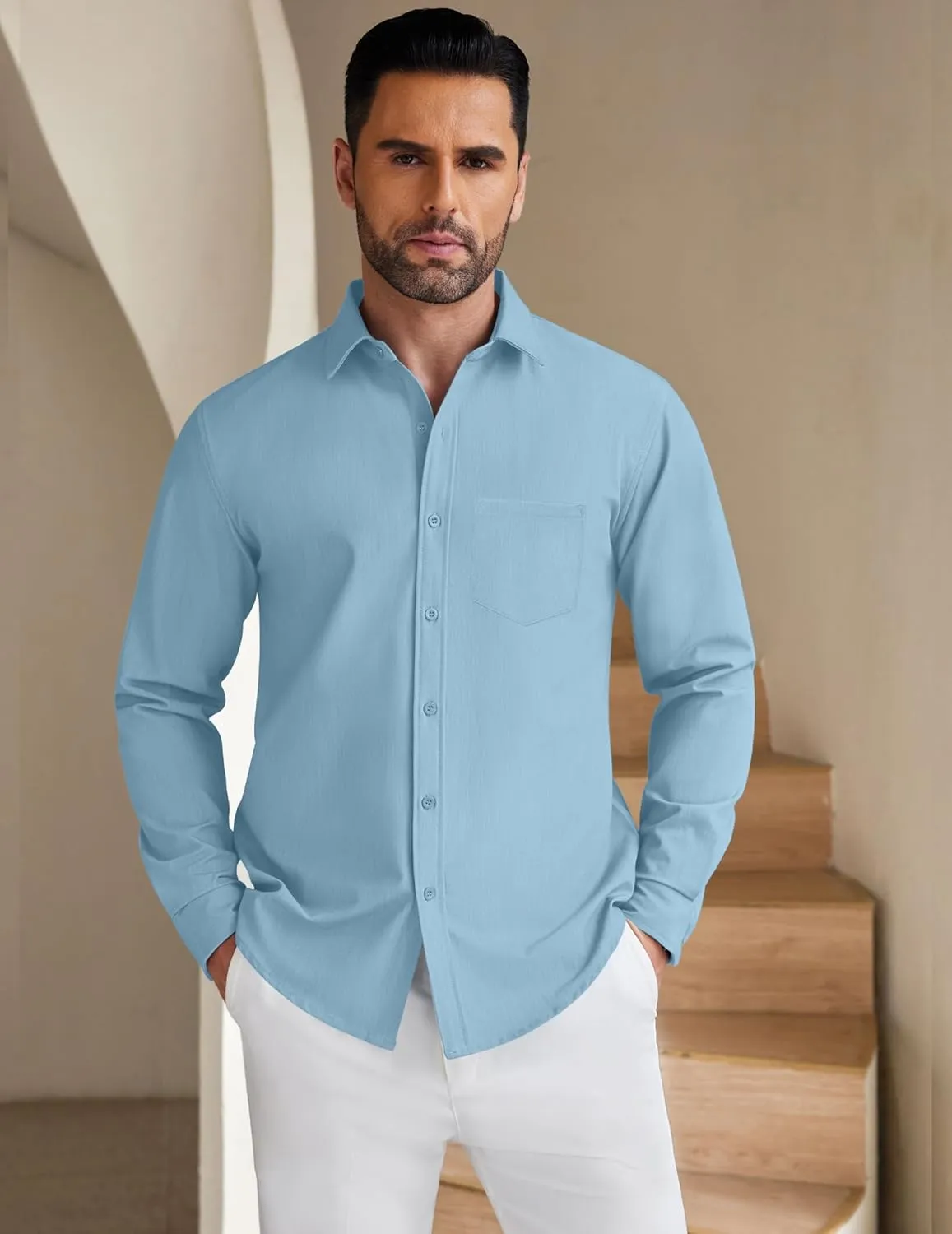 COOFANDY Men's Long Sleeve Button Down Shirt Wrinkle Free Untucked Dress Shirt Casual Denim Shirt