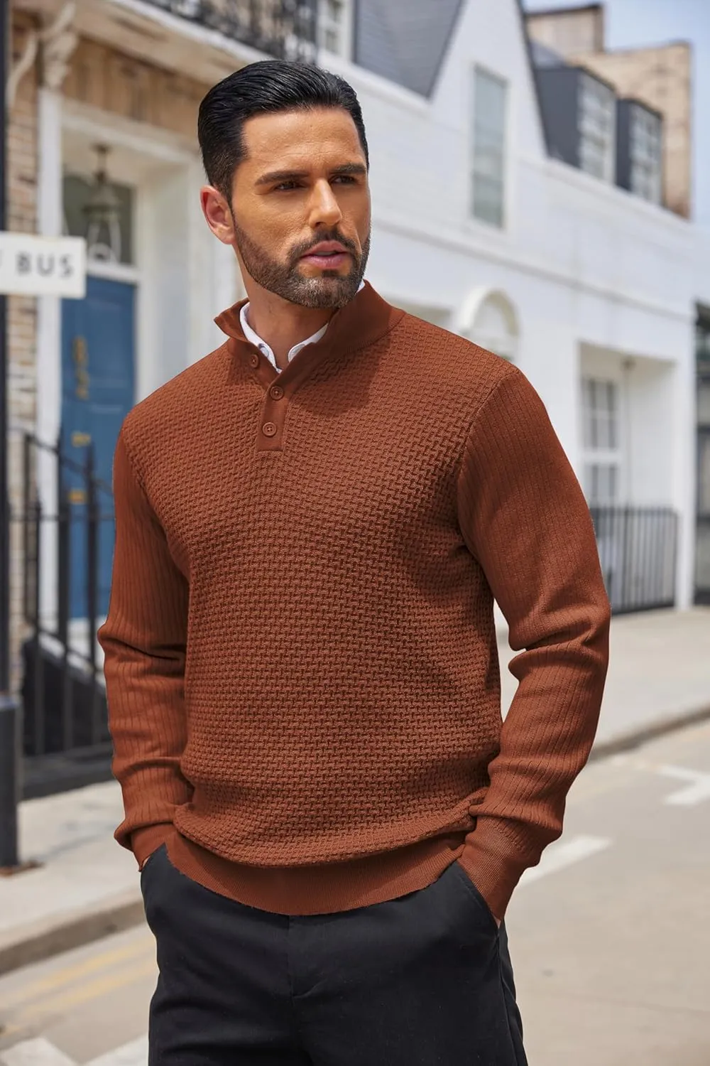 COOFANDY Men's Quarter Button Sweater Lightweight Mock Neck Pullover Sweater Fashion Casual Knitted Henley Sweater