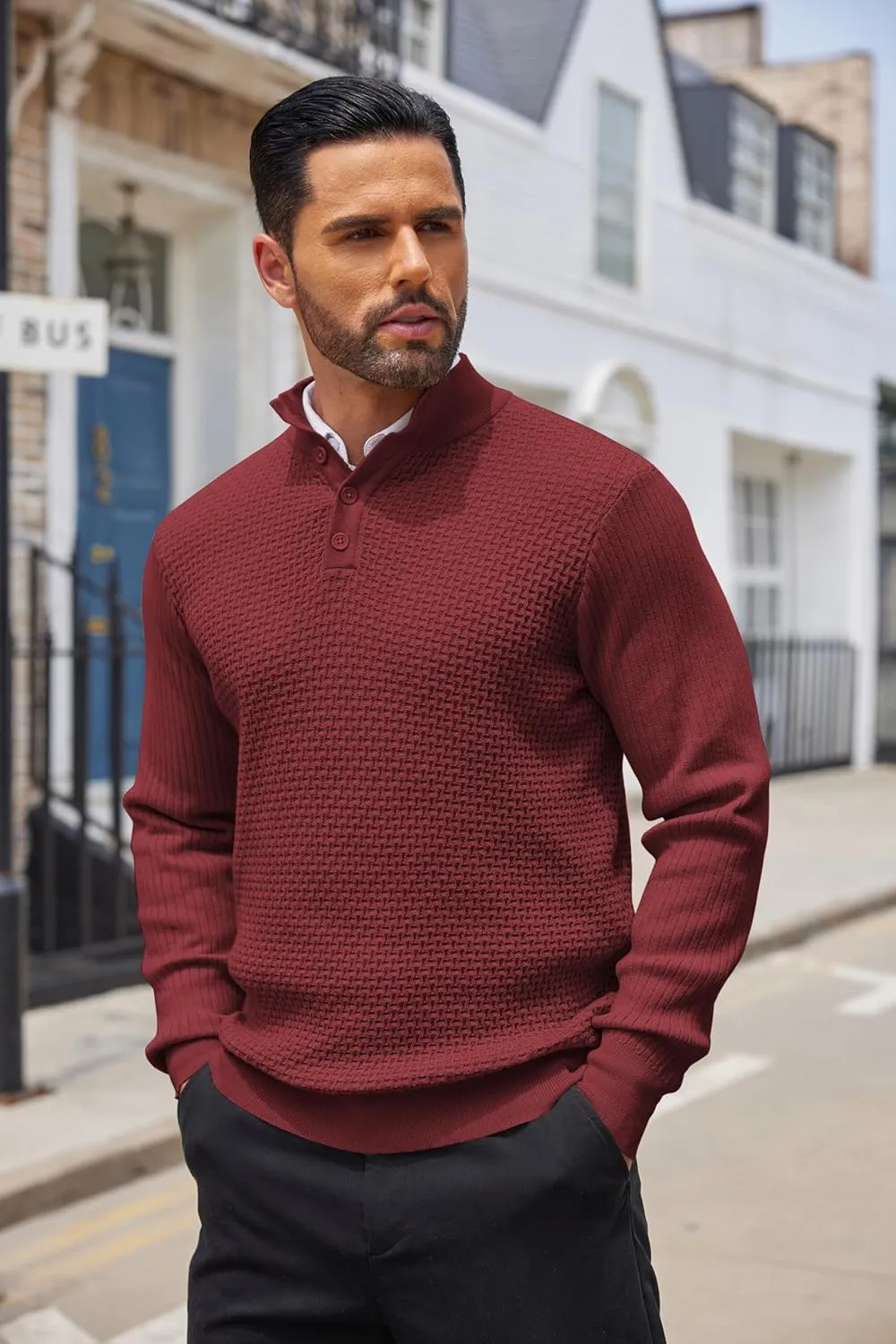 COOFANDY Men's Quarter Button Sweater Lightweight Mock Neck Pullover Sweater Fashion Casual Knitted Henley Sweater