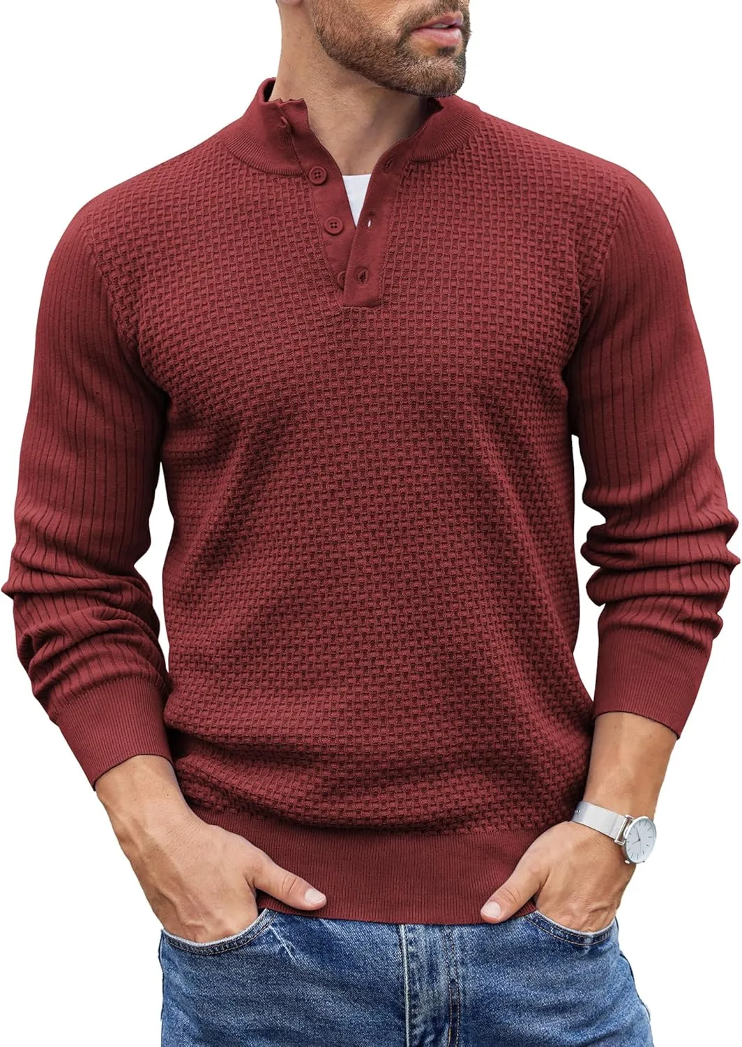 COOFANDY Men's Quarter Button Sweater Lightweight Mock Neck Pullover Sweater Fashion Casual Knitted Henley Sweater