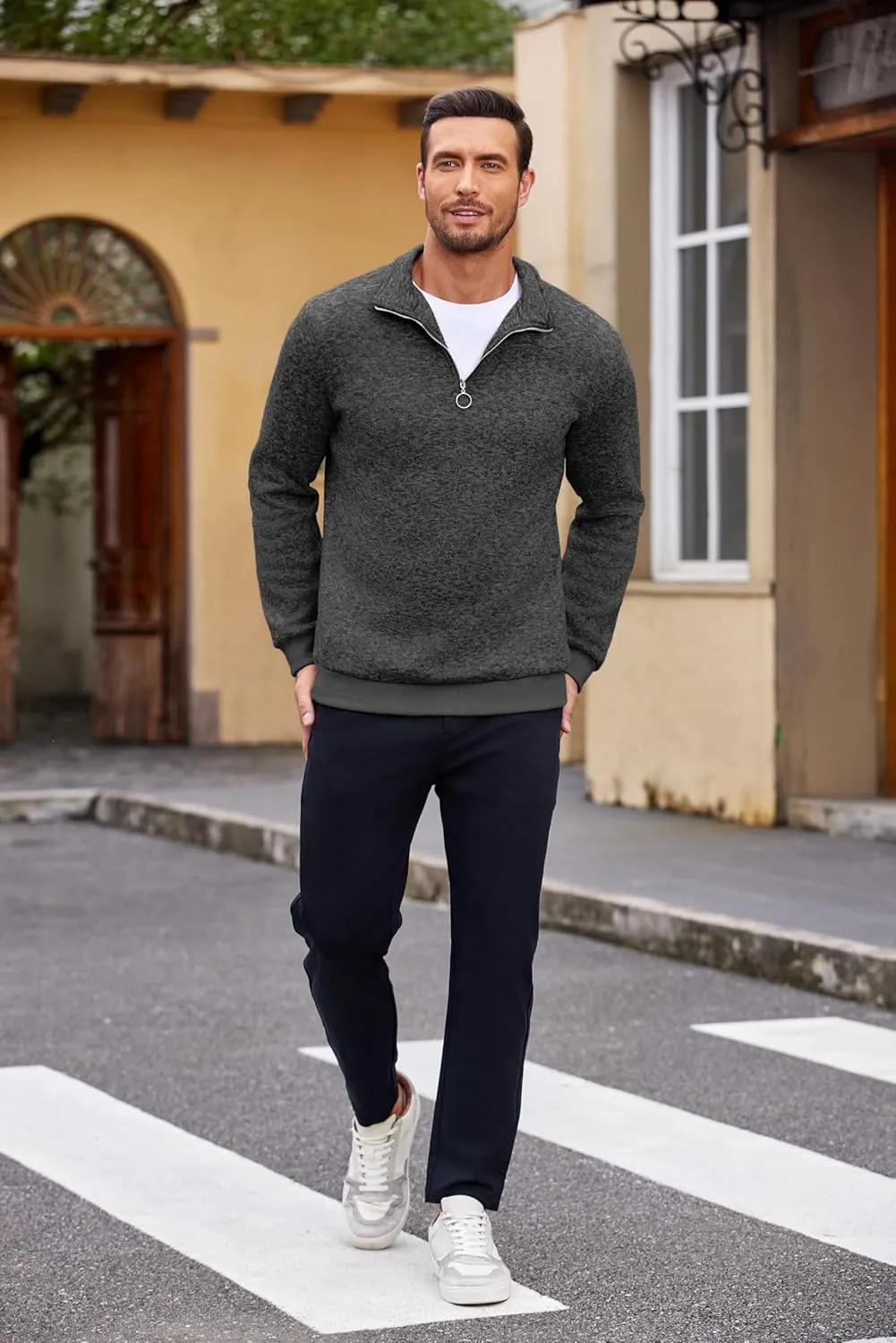 COOFANDY Men's Quarter Zip Pullover Casual Long Sleeve Sweater Slim Fit Sweater Mock Neck Polo Sweater