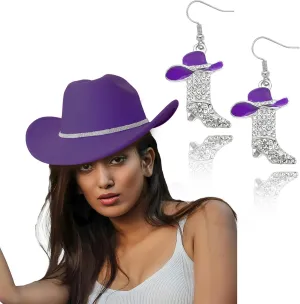 Cowboy Hat Rhinestone Cowgirl Boots Earrings Set Western Earring Felt Fedora Jazz Hat Rodeo Outfit for Women Size M
