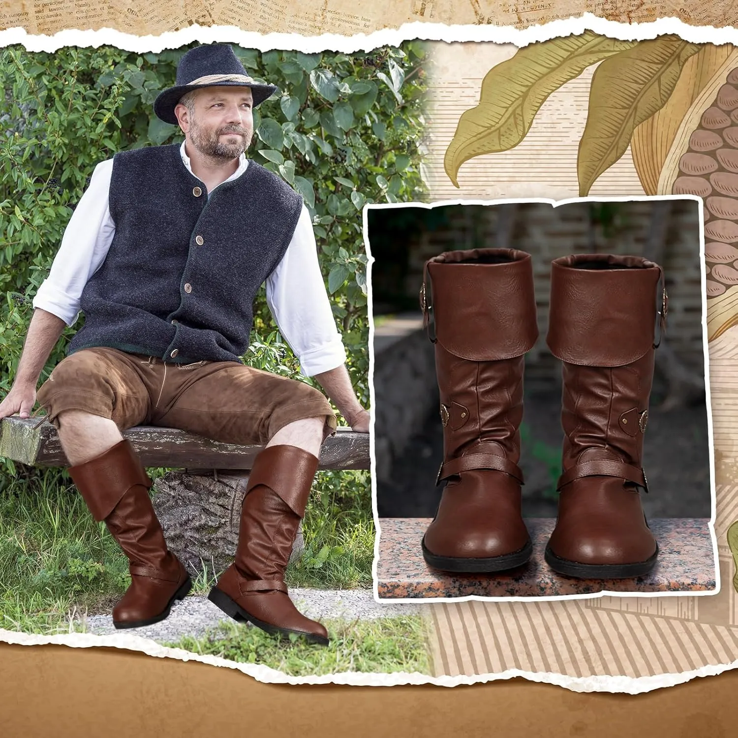 Cuffbow Pirate Costume Boots for Men Medieval Renaissance Steampunk Cosplay Boots Halloween Gothic Button Leather Shoes