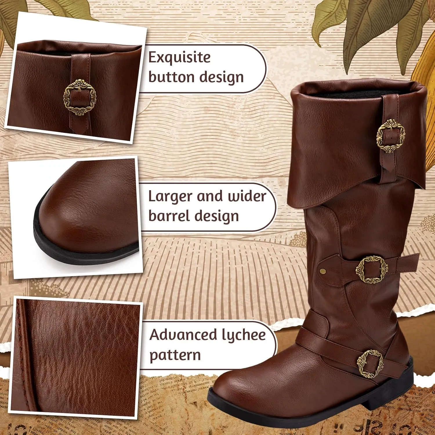 Cuffbow Pirate Costume Boots for Men Medieval Renaissance Steampunk Cosplay Boots Halloween Gothic Button Leather Shoes