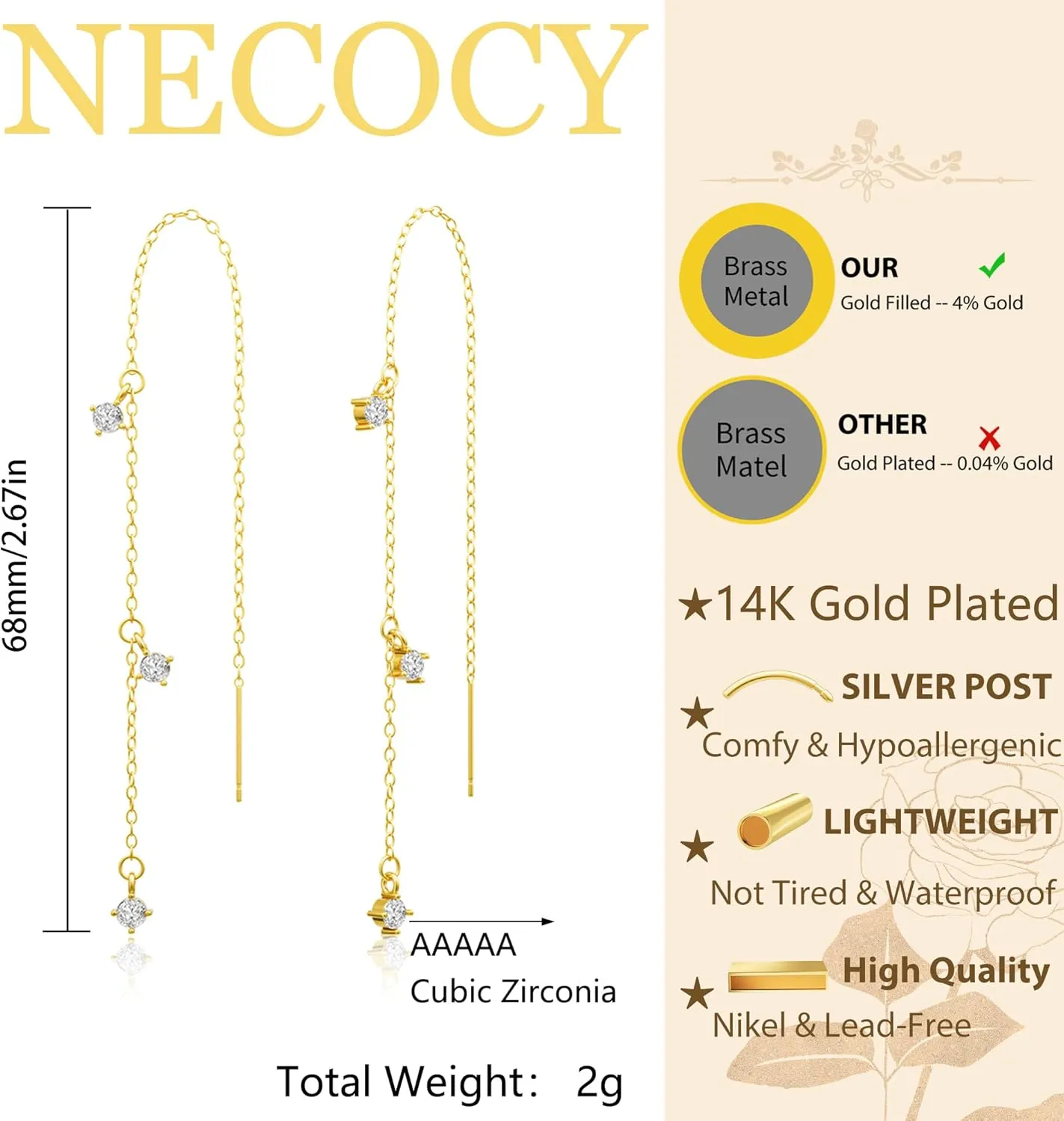 Dangle Earrings for Women Dainty Long Hanging Gold/Silver Chain Earrings Trendy Hypoallergenic Dangling CZ/Pearl Threader Earrings for Women Jewelry
