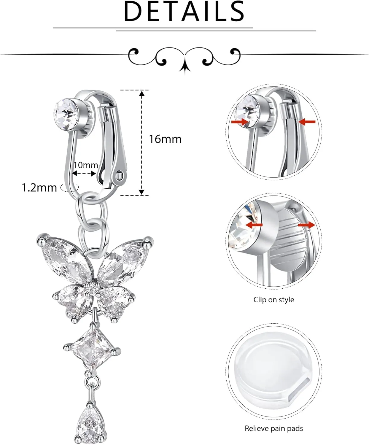 D.Bella Fake Belly Ring Fake Belly Piercing Clip on Belly Button Rings Surgical Steel Fake Belly Button Ring Fake Earrings Diamond Snake Dangle Non Piercing Fake Belly Piercing Jewelry