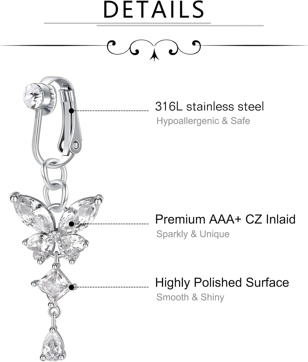 D.Bella Fake Belly Ring Fake Belly Piercing Clip on Belly Button Rings Surgical Steel Fake Belly Button Ring Fake Earrings Diamond Snake Dangle Non Piercing Fake Belly Piercing Jewelry