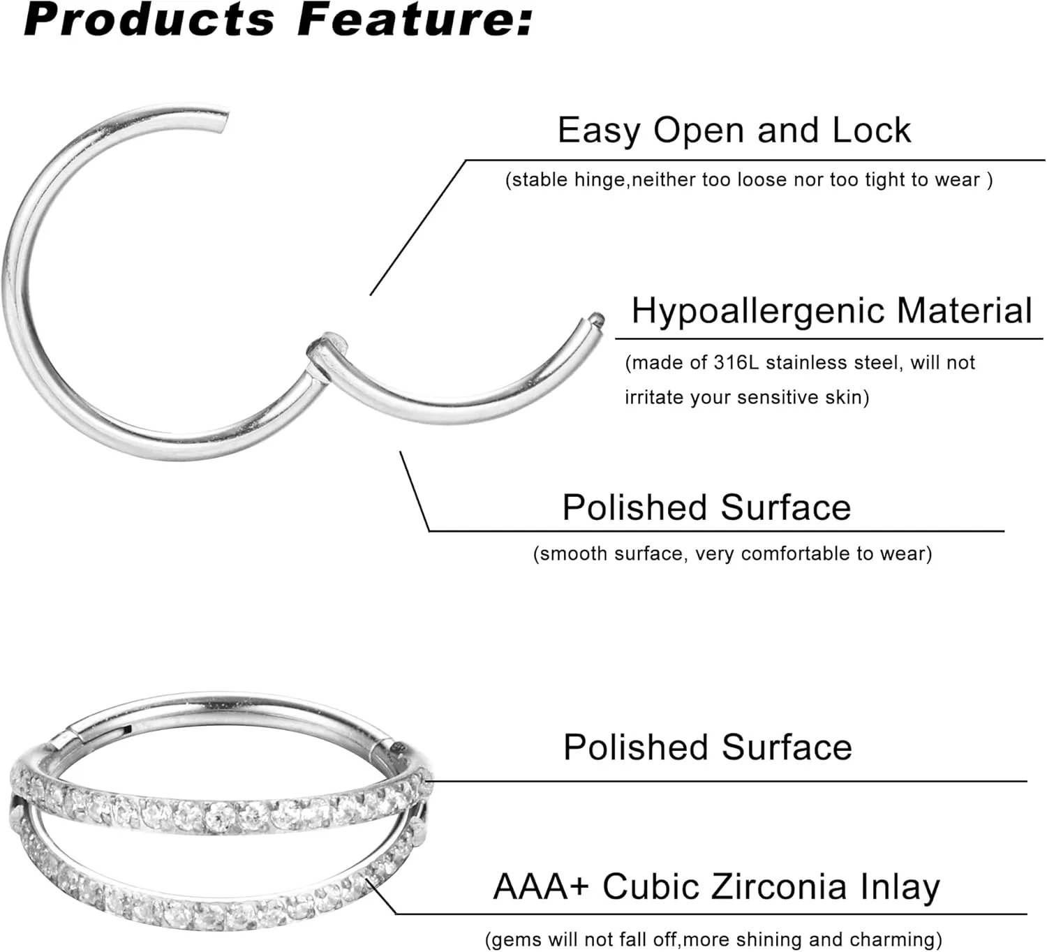 Dochais 4PCS 18G Nose Rings Hoops, Surgical Steel Earrings Tragus Septum Piercing CZ Clicker Ring, Hinged Segment Conch Lip Cartilage Double Hoops 8mm 10mm For Women Men