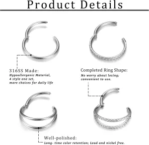 Dochais 4PCS 18G Nose Rings Hoops, Surgical Steel Earrings Tragus Septum Piercing CZ Clicker Ring, Hinged Segment Conch Lip Cartilage Double Hoops 8mm 10mm For Women Men
