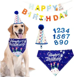 Dog Birthday Bandana Hat with Number Cute Party Supplies Dog Birthday Bandana for Small Medium Large Boy Girl Birthday Banner Blue Pink Pet Birthday Decoration Soft Triangle Scarf