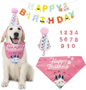 Dog Birthday Bandana Hat with Number Cute Party Supplies Dog Birthday Bandana for Small Medium Large Boy Girl Birthday Banner Blue Pink Pet Birthday Decoration Soft Triangle Scarf