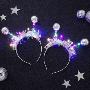 DRESBE Light Up Disco Ball Headbands Silver LED Headband Glow Party Hair Accessories for Women(2pcs)