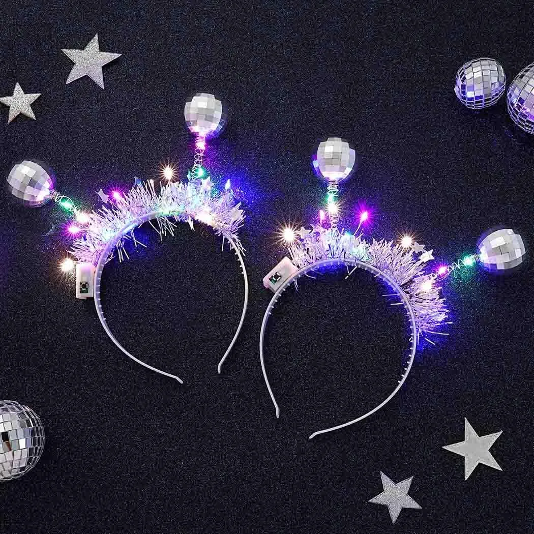 DRESBE Light Up Disco Ball Headbands Silver LED Headband Glow Party Hair Accessories for Women(2pcs)