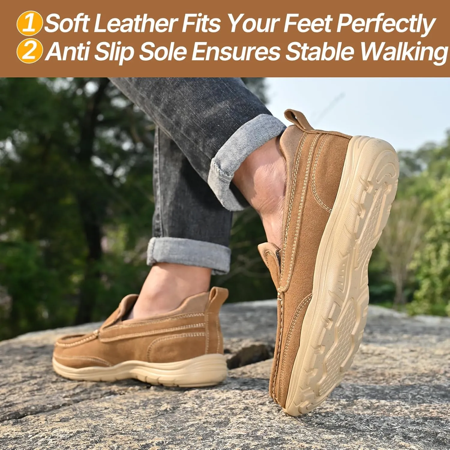 Easy On Casual Shoes for Men - Leather Slip-On Loafers with Elastic Heel & Latex Footbed - Lightweight EVA Walking Shoes