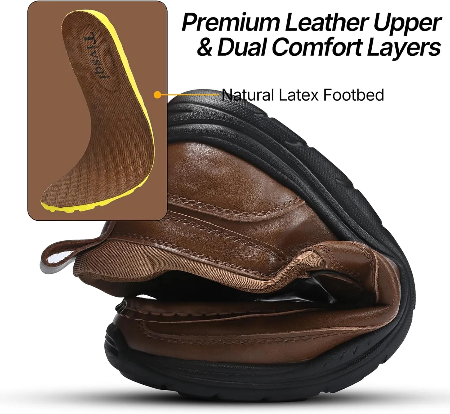 Easy On Casual Shoes for Men - Leather Slip-On Loafers with Elastic Heel & Latex Footbed - Lightweight EVA Walking Shoes