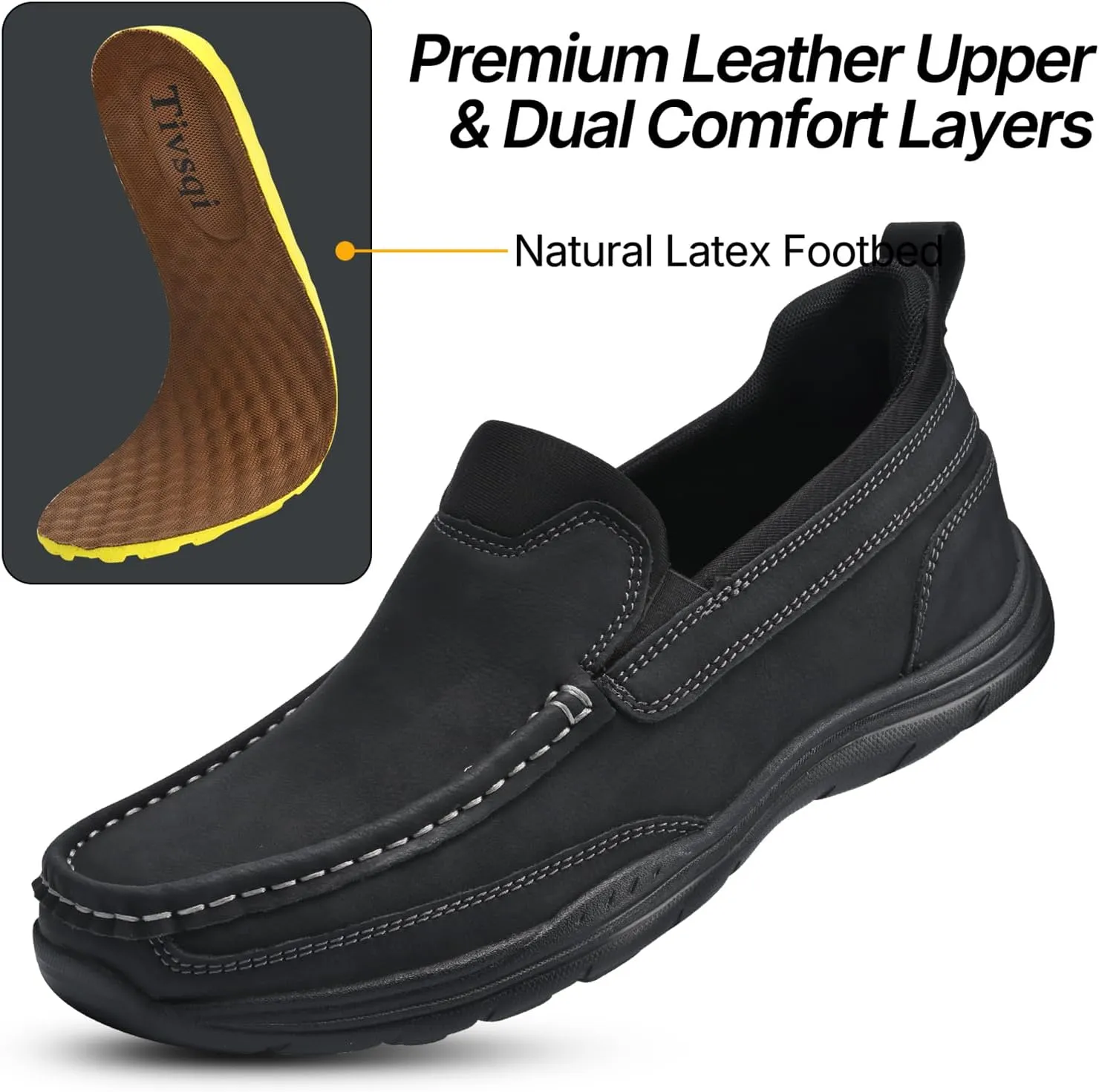Easy On Casual Shoes for Men - Leather Slip-On Loafers with Elastic Heel & Latex Footbed - Lightweight EVA Walking Shoes