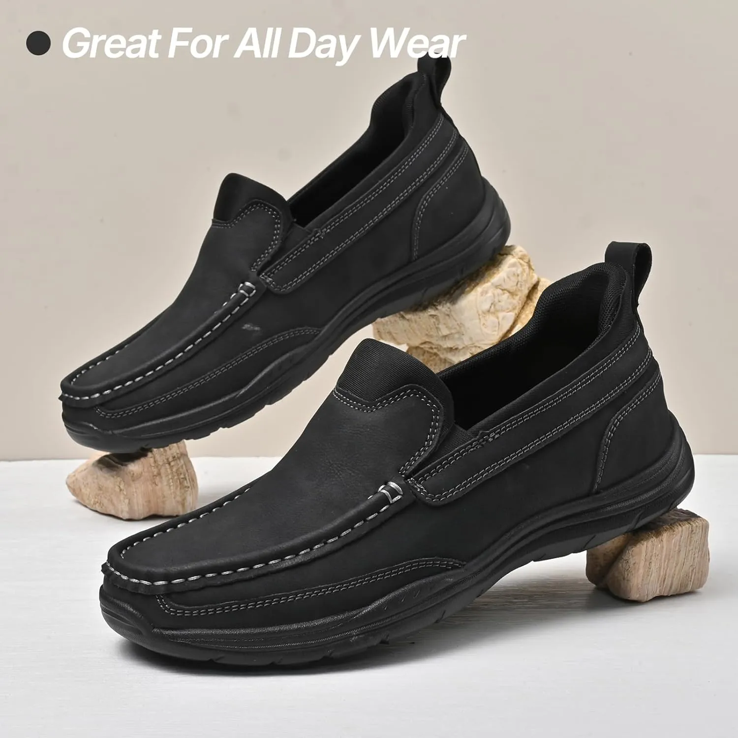 Easy On Casual Shoes for Men - Leather Slip-On Loafers with Elastic Heel & Latex Footbed - Lightweight EVA Walking Shoes